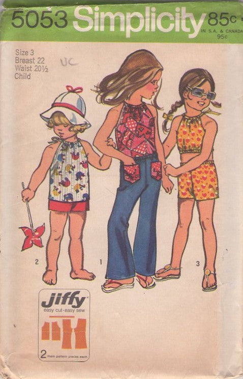 Simplicity 5053 Vintage 70's Sewing Pattern Girl's Summer Separates, Jiffy Cropped, Drawstring Neck Halter Top, Shorts, Bell Bottoms Flared Pants Size 3