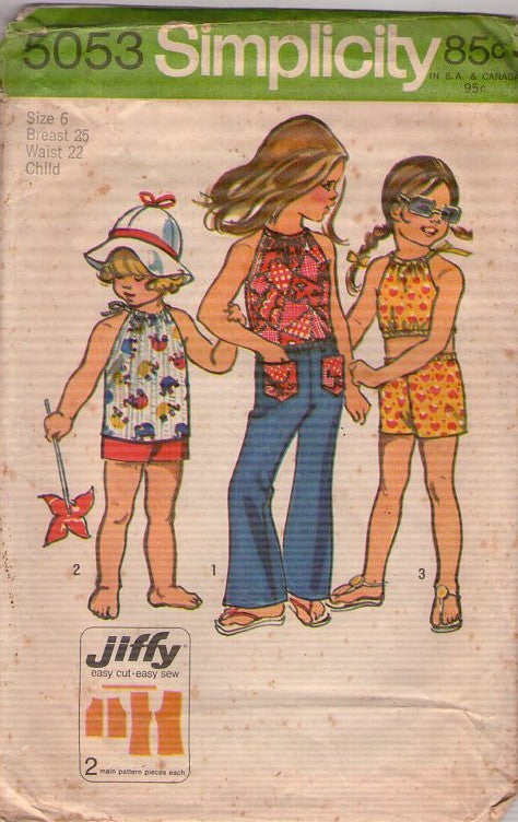 Simplicity 5053 Vintage 70's Sewing Pattern Girl's Jiffy Summer Halter Top, Shorts, Pants Size 6