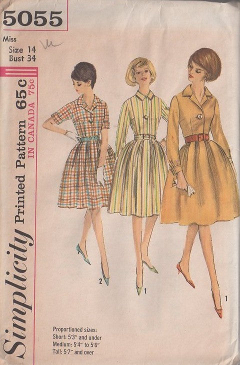 Simplicity 5055 Vintage 60's Sewing Pattern Day Dress, Rockabilly Shirtwaist, Cluster Pleats Full Skirt Dress, Cocktail or Daytime Size 14