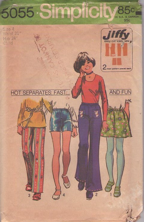 Simplicity 5055 Vintage 70's Sewing Pattern Girl's Skirts, Pants, Pull On Mini Skirt, Shorts, Flared Bell Bottom or Straight Pants Size 4