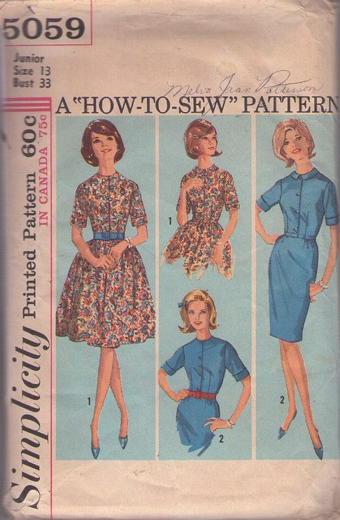 Simplicity 5059 Vintage 60's Sewing Pattern Easy Dress Set, How to Sew Mad Men Petite Classic Shirtwaist Dress Set, Slim Sheath or Flared Skirt Size 13