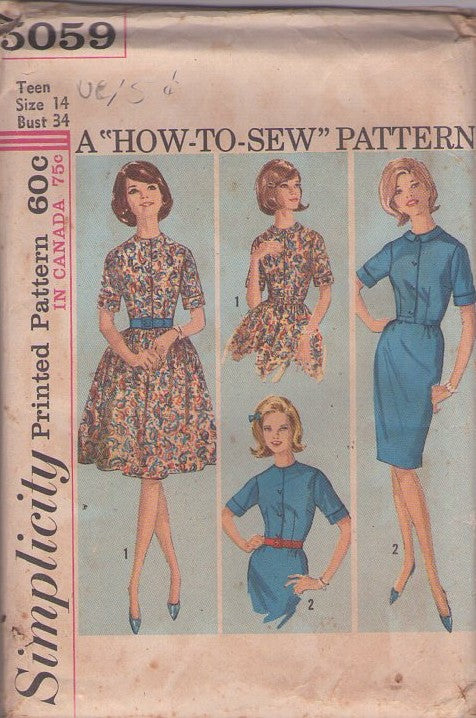 Simplicity 5059 Vintage 60's Sewing Pattern Easy Dress Set, How to Sew Mad Men Petite Classic Shirtwaist Dress Set, Slim Sheath or Flared Skirt Size 14