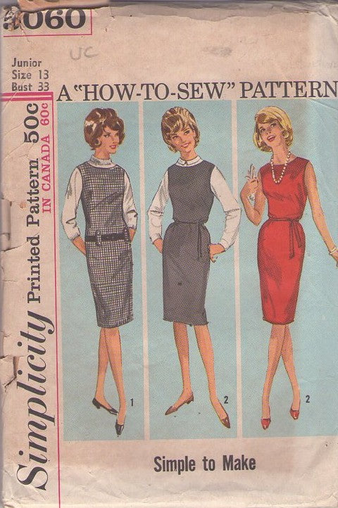Simplicity 5060 Vintage 60's Sewing Pattern Mod Dress, Jumpers, Easy How to Sew JUNIORS Secretary Sheath Jumper, Dress 2 Styles Size 13