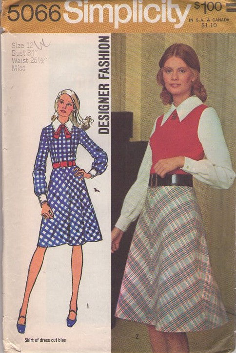 Simplicity 5066 Vintage 70's Sewing Pattern Retro Dress, Brady Bunch Looks, Designer Fashion, Collared Flared Secretary Dress, Novelty Print or 3 Contrast Fabrics for a 3 Piece Look Size 12