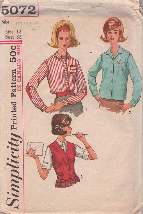 Simplicity 5072 Vintage 60's Sewing Pattern Mod Blouse Set, Kate Hepburn Style, Monogram Shirt, Vest, Elbow Patches Size 16 CUT