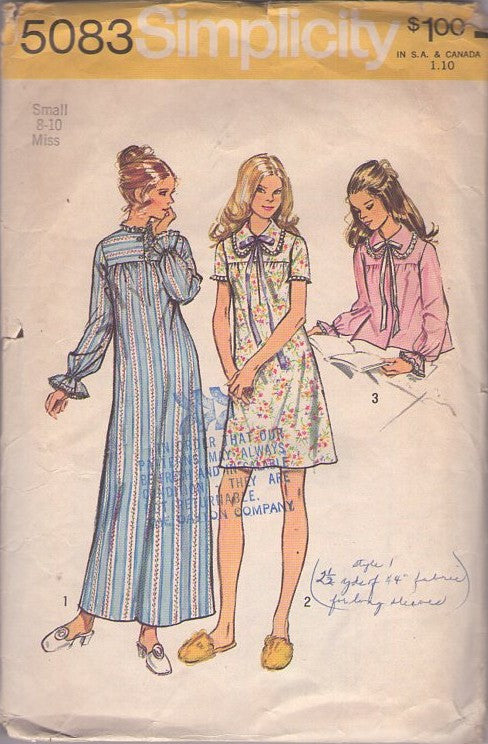 Simplicity 5083 Vintage 70's Sewing Pattern Nightgowns, Yoked Summer or Winter Nightgown, Hospital Bed Jacket Size SMALL