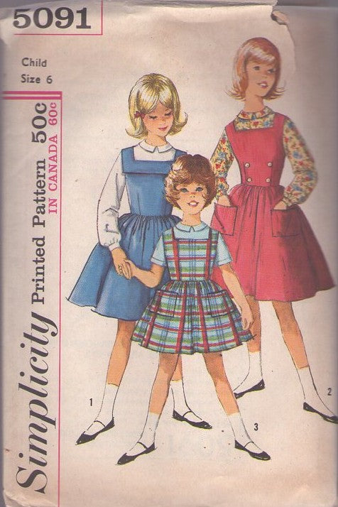 Simplicity 5091 Vintage 60's Sewing Pattern Girl's Jumpers, Blouses, School Days Square Neckline Jumper, Sun Dress & Blouse, 3 Styles Size 6