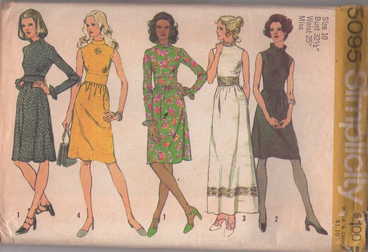 Simplicity 5095 Vintage 70's Sewing Pattern Mod Dresses, Hostess Wide Midriff Band Maxi Gown, Secretary Day or Cocktail Party Dress Set Size 10