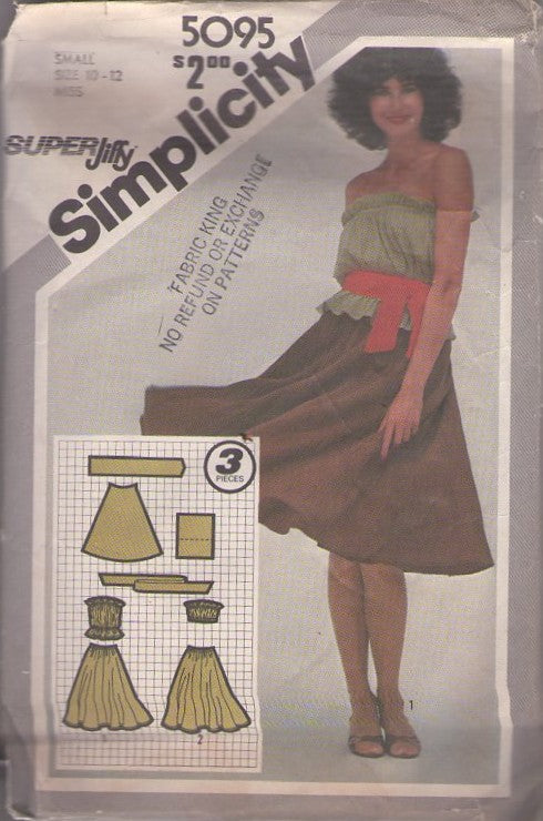 Simplicity 5095 Vintage 80's Sewing Pattern Sun Dress, Ruffle Trimmed Strapless Bandeau Top, Jiffy Flared Full Skirt & Sash Belt Size S 10-12