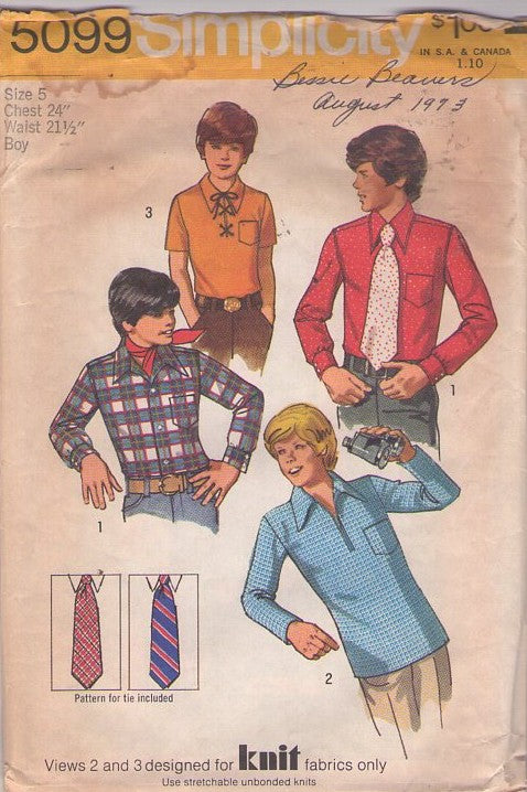 Simplicity 5099 Vintage 70's Sewing Pattern Boys' Knit Tops, Hippie Brady Bunch Pullover Polo Shirt, Zip or Lacing, Dress Shirt, Ties Size 5