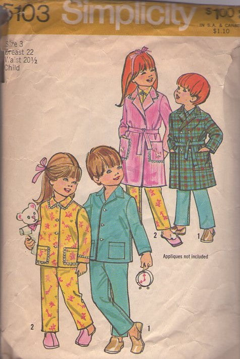 Simplicity 5103 Vintage 70's Sewing Pattern Childs' Pajamas, Top, Pants, Wrap Single or Double Breasted Bath Robe Size 3