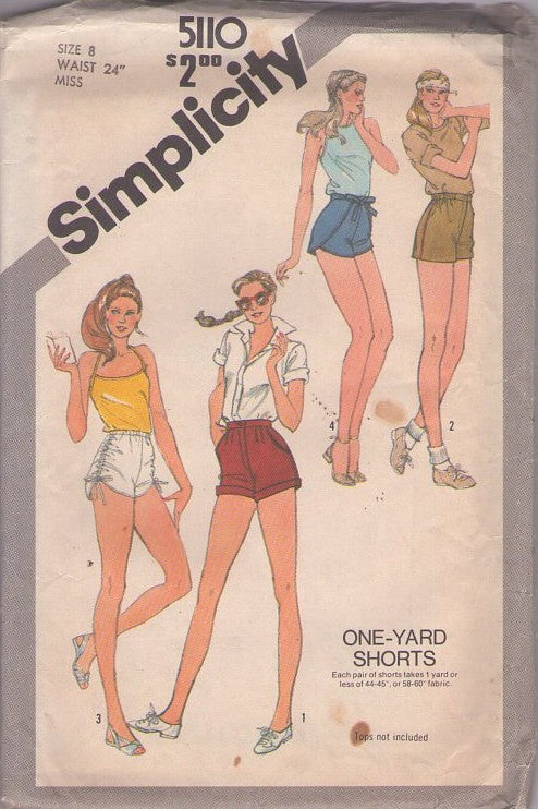 Simplicity 5110 Vintage 80's Sewing Pattern Disco Shorts, Nair Who Wears Short Shorts, Easy One Yard Shorts, High Waist, Cuffed Fly Front, Drawstring Sides, Wrap Around Diaper Shorts Size 8