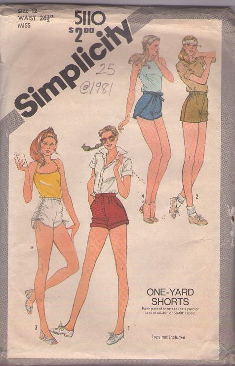 Simplicity 5110 Vintage 80's Sewing Pattern Disco Shorts, Nair Who Wears Short Shorts, Easy One Yard Shorts, High Waist, Cuffed Fly Front, Drawstring Sides, Wrap Around Diaper Shorts Size 10