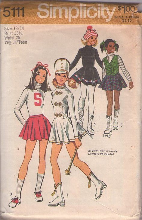 Simplicity 5111 Vintage 70's Sewing Pattern Cheerleader Costumes, Skater Skirt, Ice Skating Dress, Vest, Majorette Costumes Size 13/14