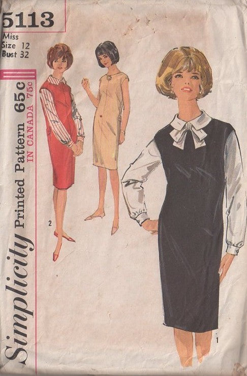 Simplicity 5113 Vintage 60's Sewing Pattern Secretary Dress, Blouse, Jumper, Slight Cap Sleeve Jumper Dress, Tie Collar Long Sleeve Office Secretary Blouse Size 12