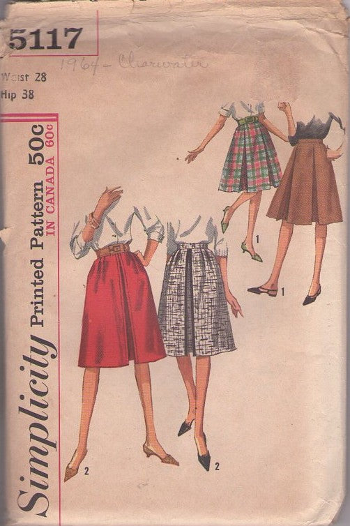 Simplicity 5117 Vintage 60's Sewing Pattern Secretary Skirts, Skirt Wardrobe, Single or Double Inverted Pleats, Size 28 Size L