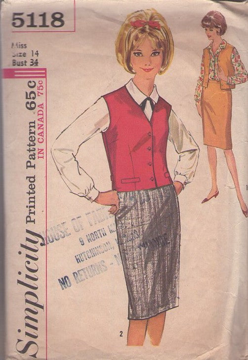 Simplicity 5118 Vintage 60's Sewing Pattern Secretary Separates, Vest Jacket, Blouse & Slim Skirt Size 14