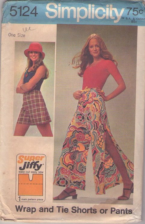 Simplicity 5124 Vintage 70's Sewing Pattern Thai Pants, Wrap Around & Tie Shorts, Hippie Boho One Size