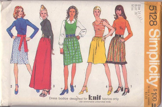 Simplicity 5128 Vintage 70's Sewing Pattern Knit Top, Bell Skirted Dress with 2 Piece Look, Short or Maxi Gown Size 12