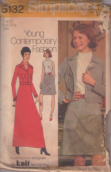 Simplicity 5132 Vintage 70's Sewing Pattern Secretary Dress & Jacket, Contrast KNIT TOP Dress, Short or Maxi, Cropped Short Jacket Size 10