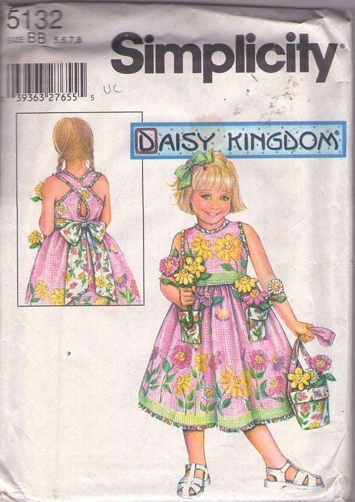 Simplicity 5132 Retro 2004 Sewing Pattern Girl's Dress, Daisy Kingdom, Summer Garden Party, Cottagecore, Flowers & Spring Peekaboo Back Tie Back Dress, Flower Pot Pockets & Purse Size 5-8