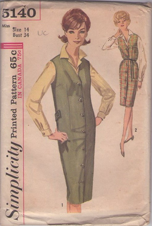 Simplicity 5140 Vintage 60's Sewing Pattern Secretary Jumper, Blouse, Collared Blouse, Front Buttoned Coat Dress, V Neck Jumper, Back Martingale Belt Size 14 UNCUT