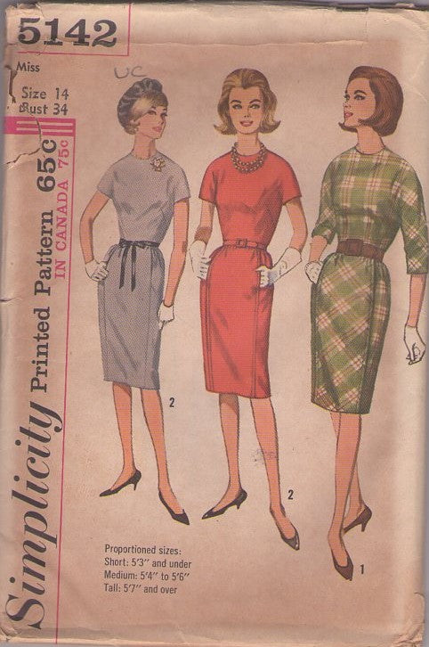 Simplicity 5142 Vintage 60's Sewing Pattern Rockabilly Dress Set, Smooth Front Panel Kimono Sleeve Day Dress, Hidden Front Pockets, 2 Styles Size 14