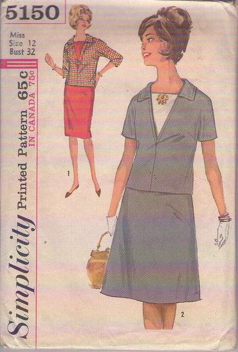 Simplicity 5150 Vintage 60's Sewing Pattern Mod Secretary Separates, 2 Piece Dress, Dickey Front Blouse Top, Sheath or A-Line Skirt Size 12