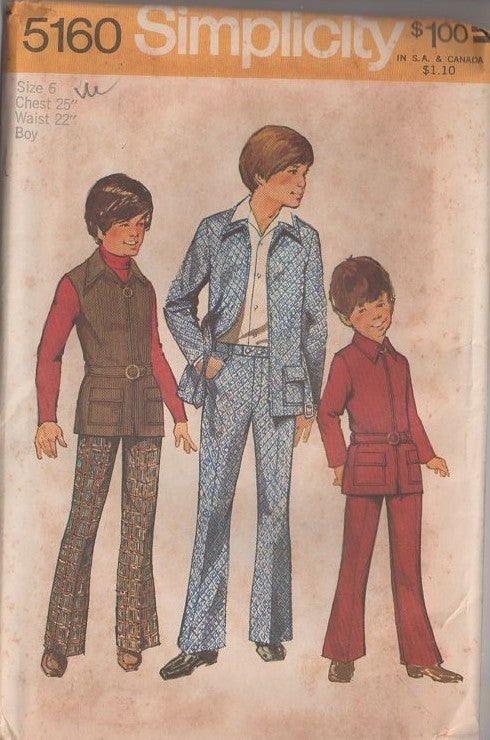 Simplicity 5160 Vintage 70's Sewing Pattern Boys' Separates, Brady Bunch Safari Pockets Vest, Shirt Jacket, Flared Fly Front Bell Bottoms Pants Size 6
