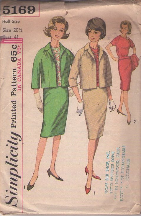 Simplicity 5169 Vintage 60's Sewing Pattern Suit Separates, Blouse, Skirt, Jacket, Full Figure, Jackie O Size 20.5