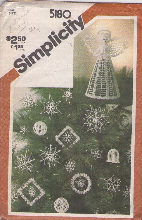 Simplicity 5180 Vintage 80's Crochet Pattern Tree Topper & Ornaments, Lacy Snowflakes, Angel, Balls and Bells One Size