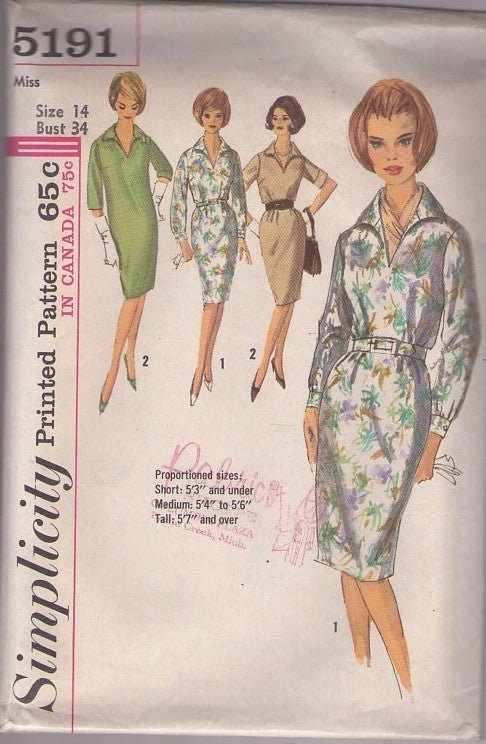 Simplicity 5191 Vintage 60's Sewing Pattern Secretary Dress Set, Wing Flip Collar, Proportioned Sheath, 2 Styles Size 14
