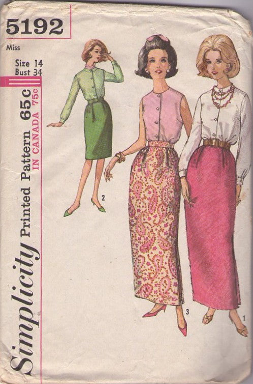 Simplicity 5192 Vintage 60's Sewing Pattern Hostess Ensemble, Housewife Skirt, Blouse, Slim or Long Slit Skirt, Shirt Size 14