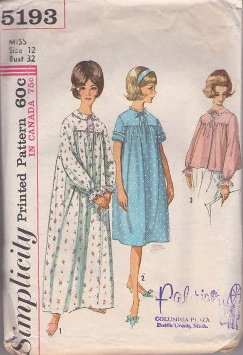 Simplicity 5193 Vintage 60's Sewing Pattern Modest Nightgown, Bed Jacket, Hospital Stay, Sleepwear Short or Long 12 CUT