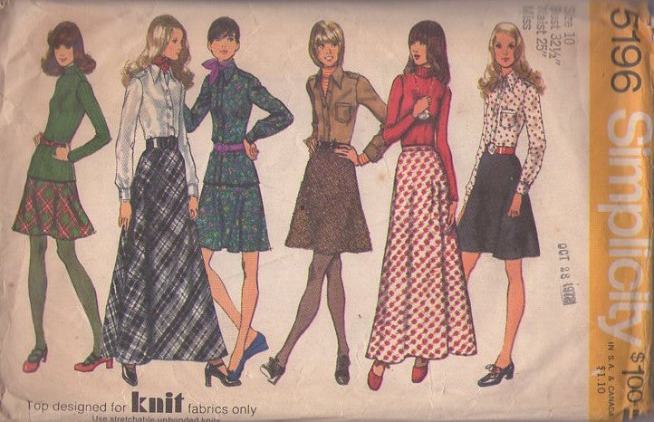 Simplicity 5196 Vintage 70's Sewing Pattern Secretary Separates, Button Band Disco Shirt Blouse, Flared Bias Holiday Hostess Skirt Set Size 10