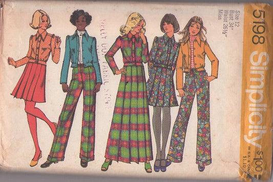 Simplicity 5198 Vintage 70's Sewing Pattern Suit Separates, Secretary Pointed Collar Shirt Jacket with Peplum Hip Band, Knife Pleated Mini or Maxi Skirt, Fly Front Jeans, Pants Size 12