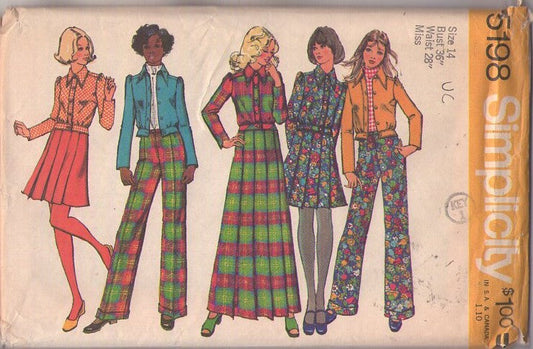 Simplicity 5198 Vintage 70's Sewing Pattern Suit Separates, Secretary Pointed Collar Shirt Jacket with Peplum Hip Band, Knife Pleated Mini or Maxi Skirt, Fly Front Jeans, Pants Size 14