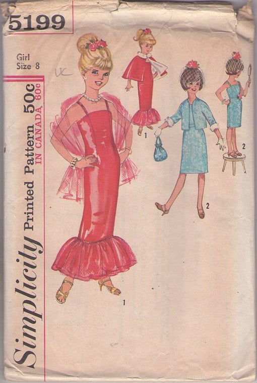 Simplicity 5199 Vintage 60's Sewing Pattern Girl's Play Costume Set, Glam Mermaid Flounce Gown, Shoulder Cape, Slip Dress, Fur Trim Jacket Size 8