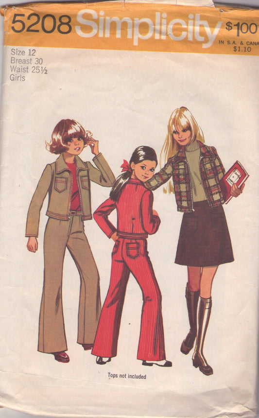 Simplicity 5208 Vintage 70's Sewing Pattern Girl's Separates, Brady Bunch Cropped Jean Jacket with Hip Band, A-Line Mini Skirt & Bell Bottom Jeans, Pants Size 12
