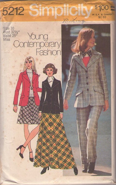 Simplicity 5212 Vintage Sewing Pattern Suit Separates, Young Contemporary Fashion, Annie Hall Suit Separates, Fitted Blazer Velvet Jacket, A-Line Skirt, Pants Size 10