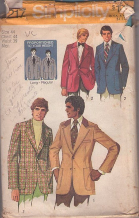 Simplicity 5217 Vintage 70's Sewing Pattern Men's Jackets, Career Blazer Suit Jacket, Tuxedo Coat Proportioned Size 44 XL
