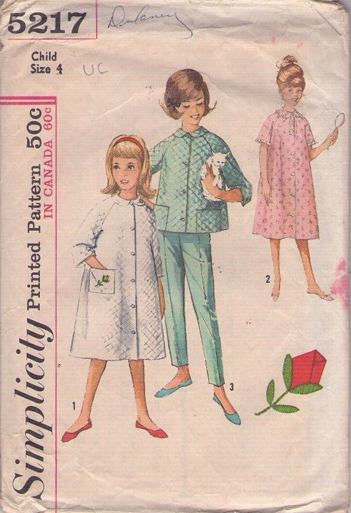 Simplicity 5217 Vintage 60's Sewing Pattern Girl's Pajamas & Robe Set, Modest Raglan Sleeve Jacket Top, Tapered Trousers, Nightgown Gown, House Coat Robe Rose Embroidery Size 4