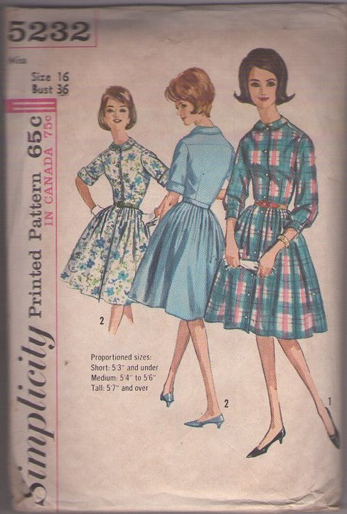 Simplicity 5232 Vintage 60's Sewing Pattern Day Dress Set, Mrs. Midge Maisel Classic Proportioned Shirtwaist Day Dress, Pleated Flared Full Skirt Size 16