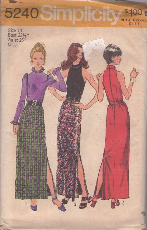 Simplicity 5240 Vintage 70's Sewing Pattern Blouses & Skirts, Cut Away Armholes, Back Zippered Disco Blouse, Shirt with Ruffles, High Slit Maxi Skirt, 2 Piece Party Dress Size 10
