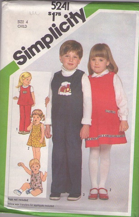 Simplicity 5241 Vintage 80's Sewing Pattern Girl's & Boys' TODDLER Sunsuit, Coveralls Jumpsuit, Jumper, Dress, Top & Appliques Size 4 UNCUT