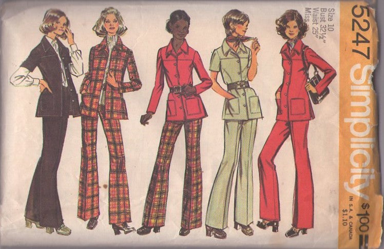 Simplicity 5247 Vintage 70's Sewing Pattern Brady Bunch Pantsuit, Safari Shirt Jacket Blouse, Flared Leg Pants Size 10