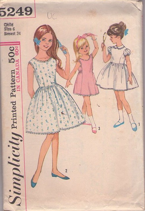 Simplicity 5249 Vintage 60's Sewing Pattern Girl's Slips, Dress Slip, Blouse Slip or Attached Blouse Slip for Dresses, Lace Trim 3 Styles Size 6