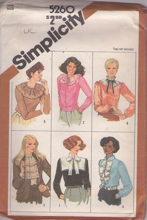 Simplicity 5260 Vintage 80's Sewing Pattern Accessory Set, Flounced Lace & Ruffles Collars and Jabots Set, Bertha, Lace Jabot, 6 Styles One Size