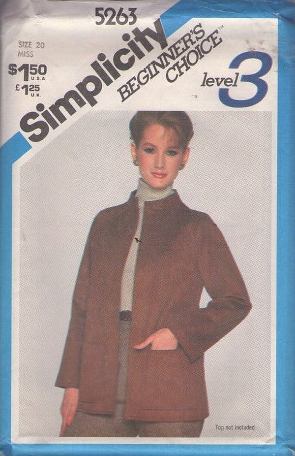 Simplicity 5263 Vintage 80's Sewing Pattern Easy Jacket, Stand Up Collar, Pockets Beginners Size 20