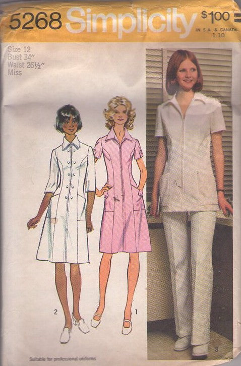 Simplicity 5268 Vintage 70's Sewing Pattern Retro Nurse, Medical, Dental Pro Uniform Dress, Pantsuit Tunic Top & Pants Size 12